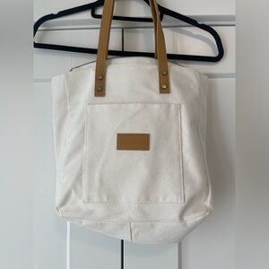 Cozy Earth Canvas Tote Bag Cream Tan Leather Handles Zip Top